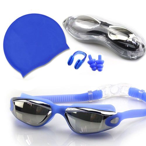 Bleu Ensemble De Lunettes De Natation En Silicone, Étanche Et Antibuée, Miroir De Natation