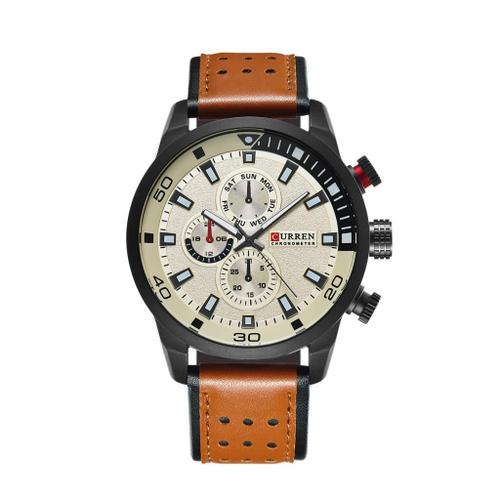 Montres D'affaires Pour Les Hommes De Sport Chronographe Étanche Montre À Quartz Analogique Avec Bande De Cuir Classique Casual Big Face Mens Montre-B Beige