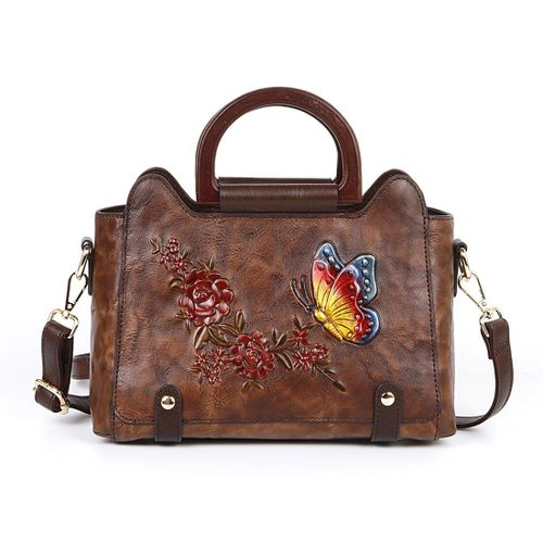MOTAORA-Sac à main rétro en cuir véritable pour femme,sac à main fleuri,fourre-tout papillon en relief,sac vintage de luxe pour femme,initié