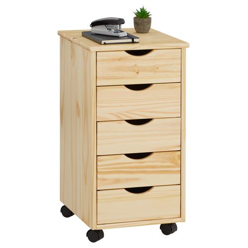 Caisson De Bureau Lagos Meuble De Rangement Sur Roulettes Avec 5 Tiroirs, En Pin Massif Finition Vernis Naturel