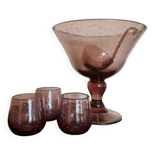 Service  Punch Verre Souffl Biot Ancien Rose