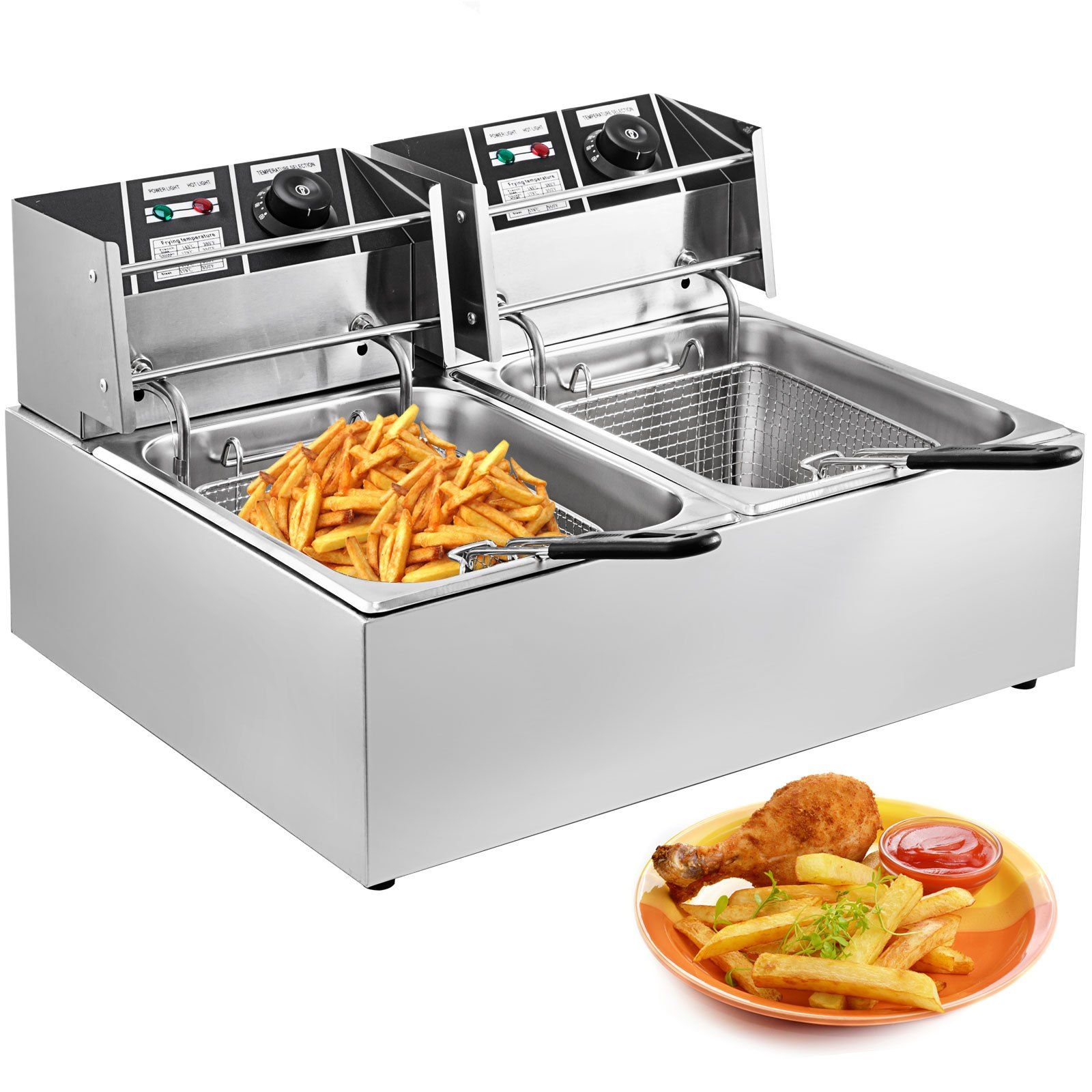 Friteuse électrique professionnelle 12L 5000W à double réservoir en acier inoxydable 50-200°C frites Pour Usages commerciaux Restaurants, fast-foods et supermarchés