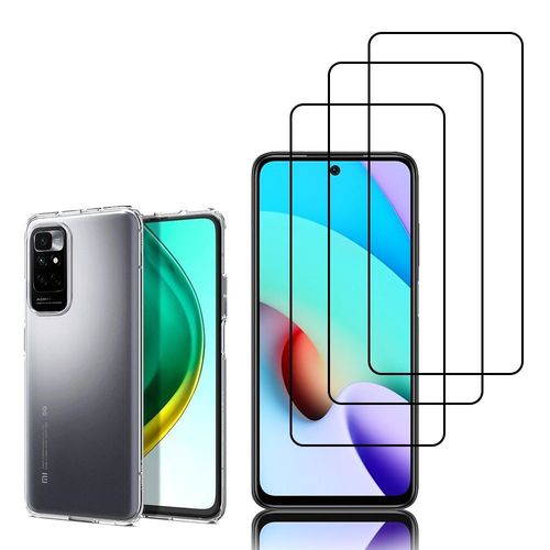 Coque Silicone Pour Xiaomi Redmi 10 Prime 2022 6.5" Gel Ultraslim Et Ajustement Parfait - Transparent + 3 Films Verre Trempé - Noir