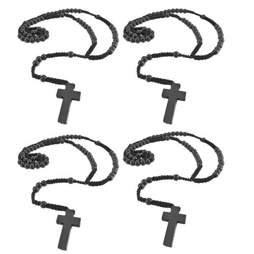 4x Wooden Pendentif Collier Croix Noire Perles Retro 24 Pouces Chapelet Chaîne Homme, Femme