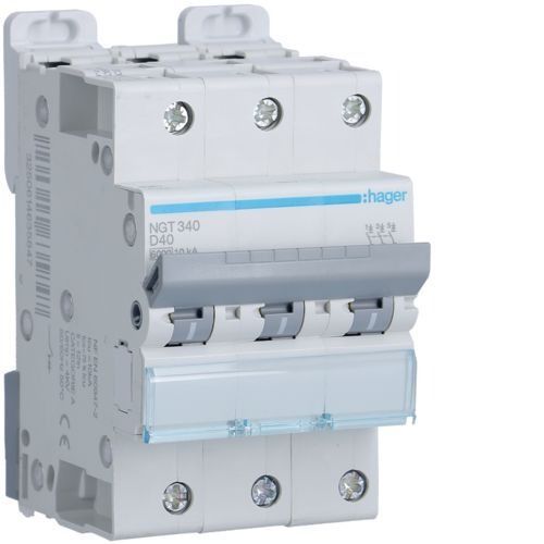 Disjoncteur 3P 6-10kA courbe D - 40A 3 modules Hager NGT340