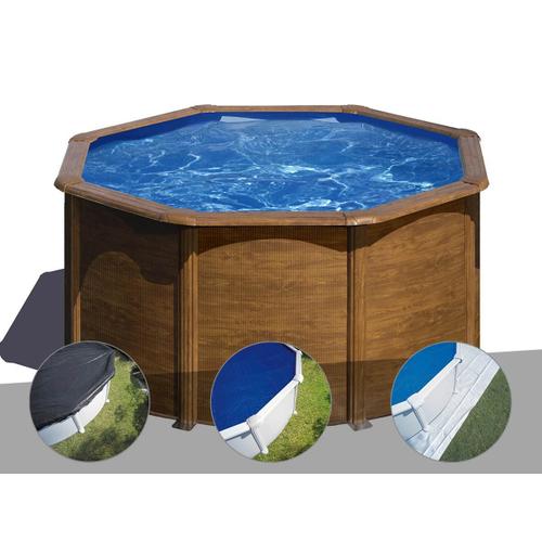 Kit piscine acier aspect bois Gré Pacific ronde 2,60 x 1,22 m + Bâche d'hivernage + Bâche à bulles + Tapis de sol