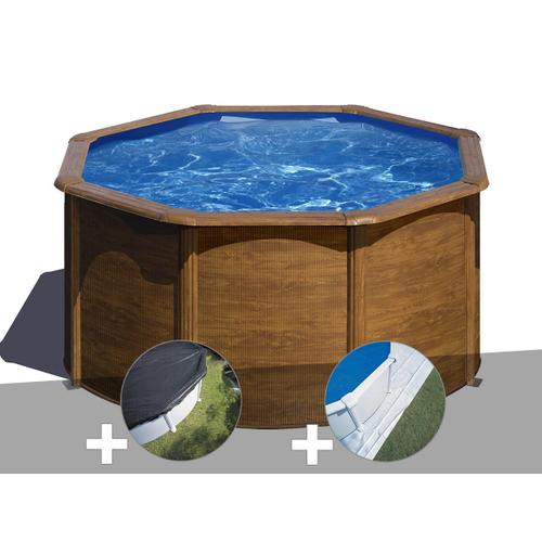 Kit piscine acier aspect bois Gré Pacific ronde 2,60 x 1,22 m + Bâche d'hivernage + Tapis de sol