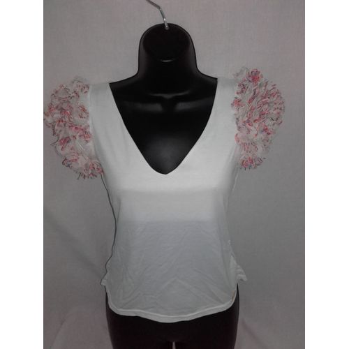 Top Tshirt Été Blanc Manches Décorée Petites Fleurs Dos Nu Dentelle Xs 34