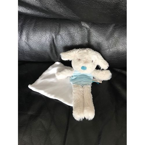 Doudou Chien Blanc Bleu Rayé Mouchoir Blanc Sucre D'orge 