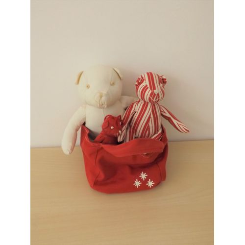 Doudou Peluche Lot 3 Ours Blanc Rouge +Sac Cyrillus