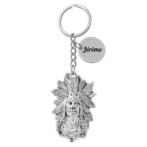 Porte-Clés Tête D'indien D'amérique Coiffe Plume Argenté Gravure Personnalisée Sur Médaille