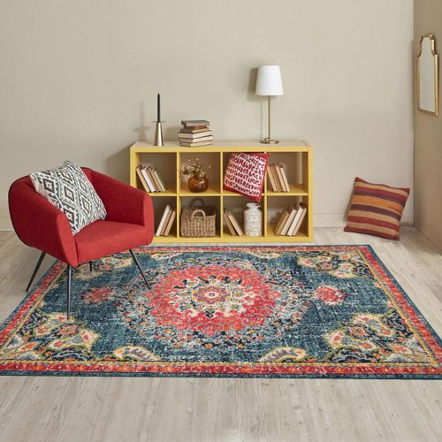 Tapis Orient 160x230 Rectangle Turquoise Et Rouge Tissé Motif Traditionnel Olca