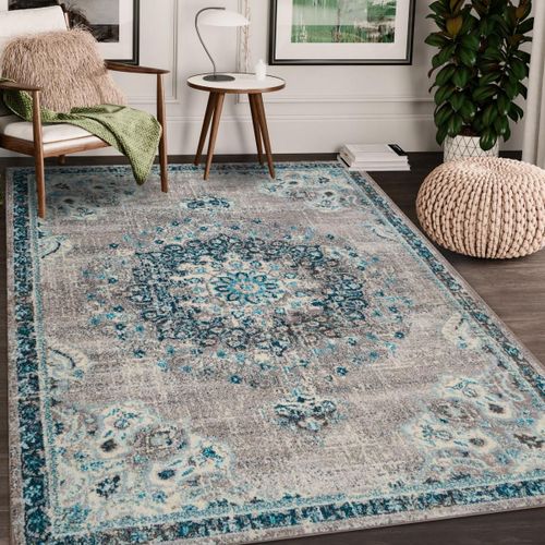 Tapis Orient 160x230 Rectangle Bleu Et Bleu Ciel Tissé Motif Traditionnel Olda