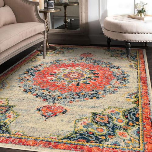 Tapis Orient 120x170 Rectangle Crème Et Rouge Tissé Motif Traditionnel Olca