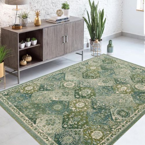 Tapis Orient 200x290 Rectangle Vert Et Blanc Tissé Motif Traditionnel Olna