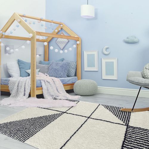 Tapis Longs Poils Shaggy 160x230 Rectangle Tissé Bleu Et Blanc