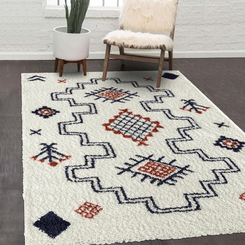 Tapis Berbère 120x160 Tissé Motif Saharien Coolshag 1 Blanc Et Bleu
