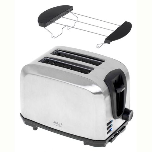 Grille-pain 2 Tranches, 2 Fentes, 3 Fonctions, 7 Niveaux de Grillage, Acier Inox 1000W Argent Adler AD3222