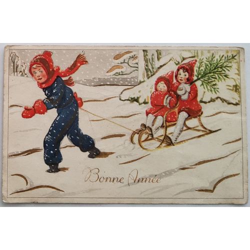Carte Postale Ancienne, France, Voeux, Bonne Année, Jeunes Enfants Jouent Dans La Neige, Luge