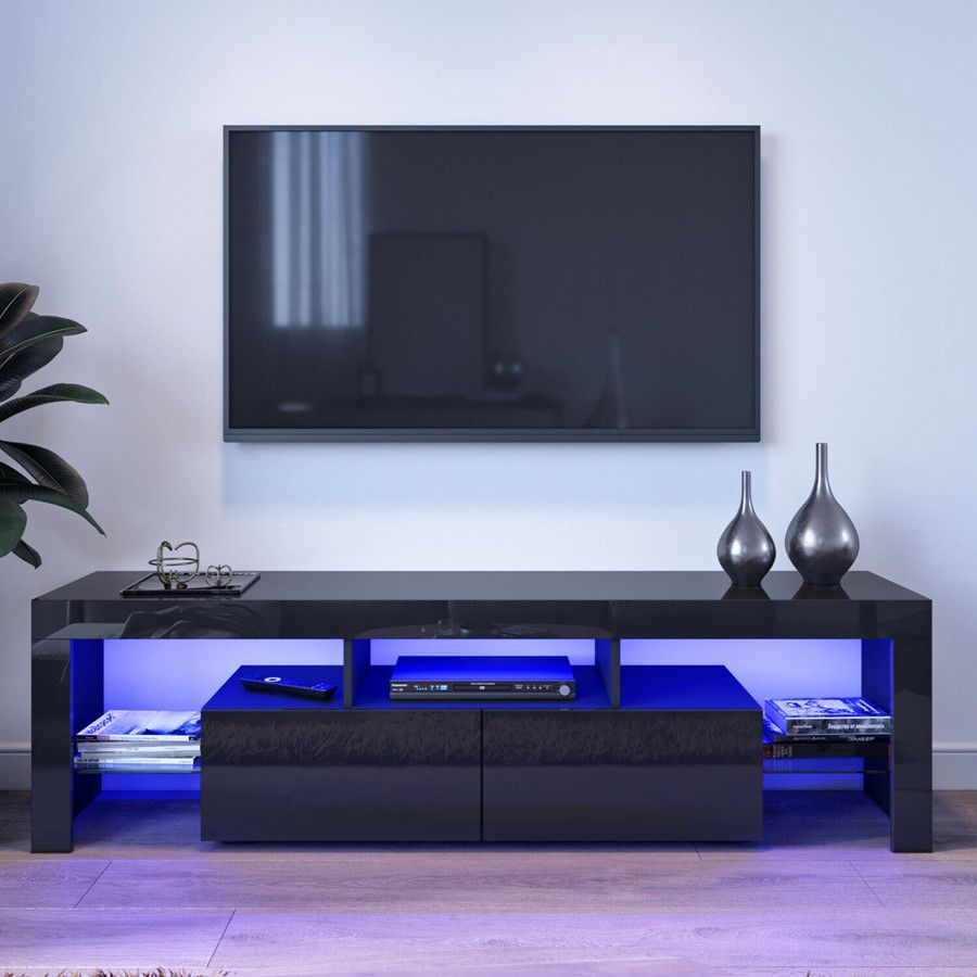 Grand Meuble Tv Led, L 160 Cm, Meuble Tv Noir Avec Tiroirs Et Étagères, Console De Stockage Multimédia Tv