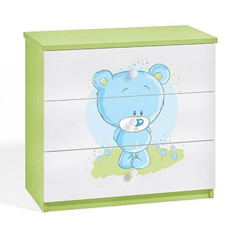 Commode 3 Tiroirs Blanche Et Verte Avec Décor Ours Bleu - Heros