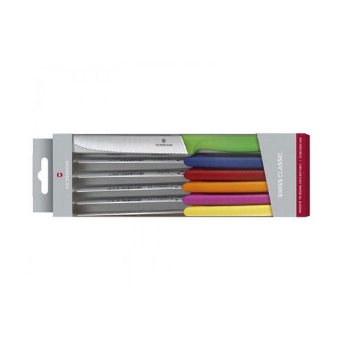 Victorinox 6.7839.6g Coffret 6 Couteaux De Table/Tomates, Lame Crantée 11 Cm Inox, Bout Rond, Manche Polypro. Couleurs Assorties