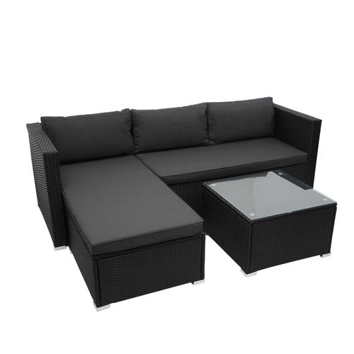 Salon De Jardin Pour Balcon Jardin Lounge Set Sofa Polyrotin Noir Coussin Gris Foncé 04_0003248