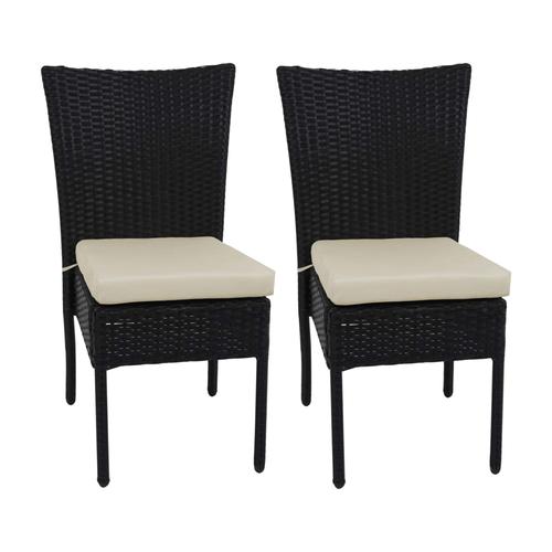 2x Chaises Fauteuils Pour Balcon Jardin Empilable En Poly-Rotin Noir Coussin Crème 04_0000263