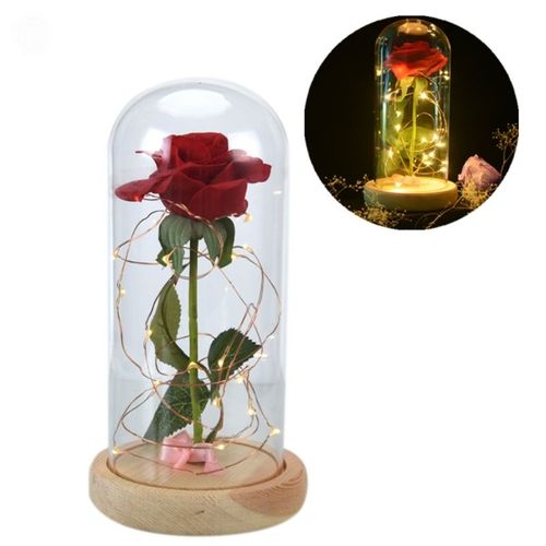 Pétales De Rose Tombée Dans Un Dôme De Verre Sur Une Base En Bois, La Belle Et La Bête, Pour Noël, Anniversaire, Saint-Valentin