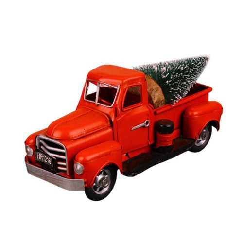 Camion Vintage De Noël Rouge Avec Mini Arbres De Noël, Modèle De Voiture Pick-Up Rétro Métallique Pour Table De Noël