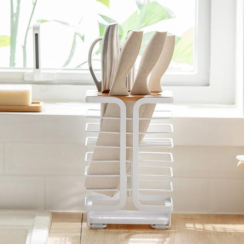 Bloc De Couteaux Universel En Acier Inoxydable, Couvercle En Bois Bambou, Support De Rangement Multifonction À 8 Trous, Porte-Couteau De Cuisine De Chef En Fil D'acier