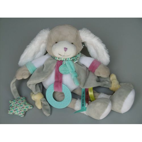 Doudou et Compagnie Chien Toopi d'activités blanc beige gris jaune bleu rose