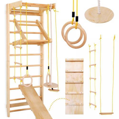 Physionics® Set D'espalier Suédois -Max 150 Kg, En Bois, Avec Barre De Traction/Anneaux/Balançoire À Disque/Trapèze/Échelle De Corde