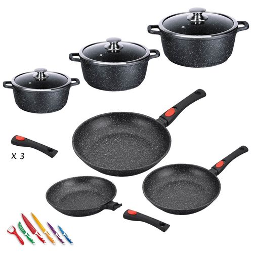 Kamberg - 0008161 - Batterie De Cuisine 12 Pièces : 3 Poêles / 3 Faitouts - Fonte D'aluminium - Revêtement Pierre - Tous Feux Dont Induction - Sans Pfoa