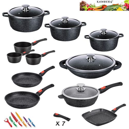 Kamberg - 0008162 - Set Lot Batterie De Cuisine 27 Pièces - Fonte D'aluminium - Revêtement Pierre - Tous Feux Dont Induction - Manche Amovible -Sans Pfoa