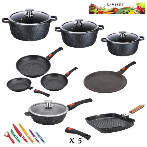 Kamberg - 0008163 - Set Lot Batterie De Cuisine 24 Pièces - Fonte D'aluminium - Revêtement Pierre - Tous Feux Dont Induction - Manche Amovible - Sans Pfoa