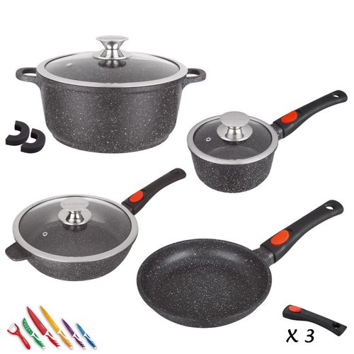 Kamberg - 0008166 - Set Lot Batterie De Cuisine 10 Pièces - Fonte D'aluminium - Revêtement Pierre - Tous Feux Dont Induction - Manche Amovible - Sans Pfoa