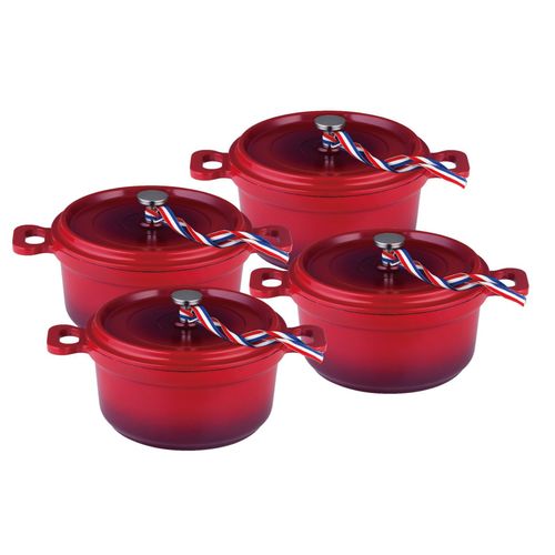 Kamberg - 0008192 - Set 4 Mini Cocottes Ø 12 Cm Ronde Rouge Flammée - Fonte D'aluminium - Revêtement Pierre - Tous Feux Dont Induction - Sans Pfoa