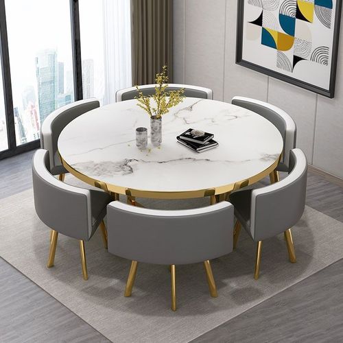 Table À Manger Ronde Et Chaises Encastrable Popup Xl - Marbre Blanc Chaises Gris