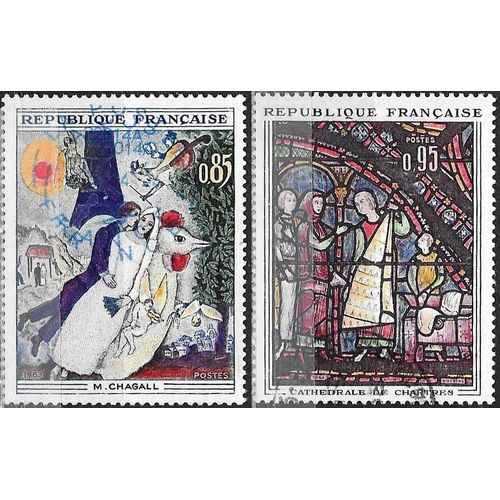 France 1963, Beaux Timbres Yvert 1398, Tableau De Chagall, "Les Mariés De La Tour Eiffel" Et 1399 Vitrail De La Cathédrale De Chartres, Les Marchands De Fourrures, Oblitérés, Tbe.