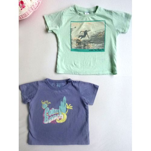 Lot 2 T-Shirts Natalys & Zara Vert & Bleu Surf Waikiki Palm Beach Bébé 3 / 6 Mois Coton