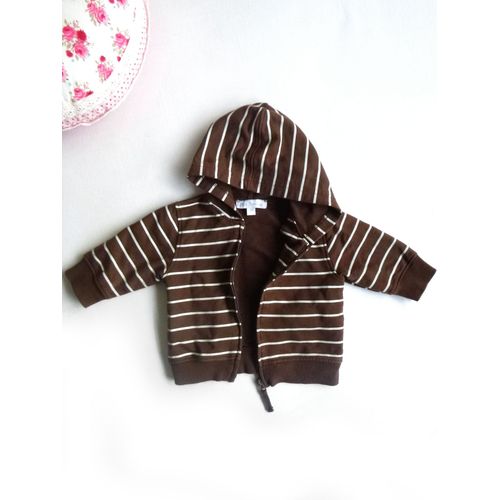 Veste Jogging Capuche Rayures Marron Blanc Gilet Zippé Coton Bébé 1 / 3 Mois
