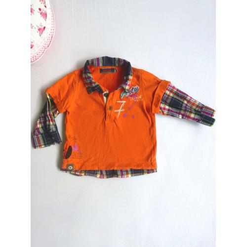 T-Shirt Polo Chemisier 2 En 1 Catimini Orange Carreaux 18 Mois Manches Longues Coton Neuf