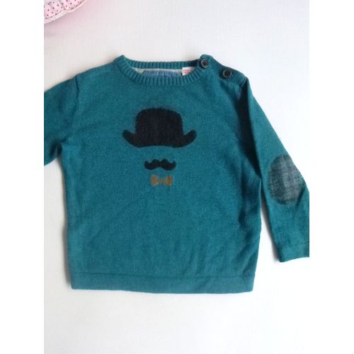 Pull Doux Coton Laine Bleu Vert Zara Knitwear 9 / 12 Mois Chapeau Melon Poilu Rigolo