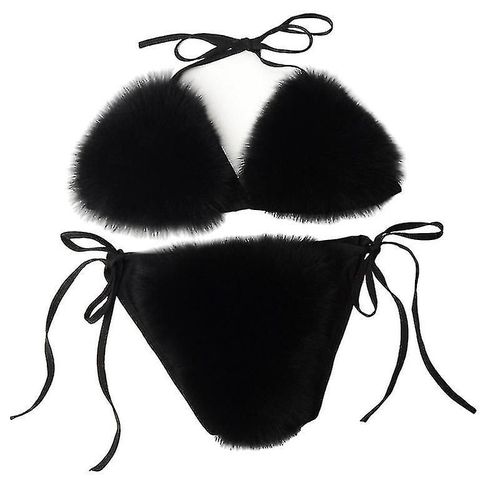 Maillots De Bain Deux Pièces Pour Femmes En Fausse Fourrure Licol String Triangle Bikini Ensembles