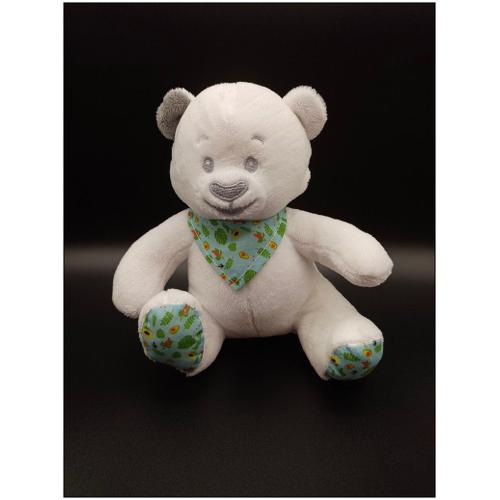 Doudou Peluche Ours Blanc Bandana - Feuille Fleur - Musti Mustella