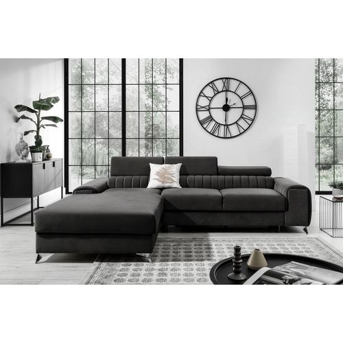 Canapé D'angle Convertible En Tissu Velours Luxe Noir, 5 Places, Angle Gauche (Vu De Face) - Grece Velours