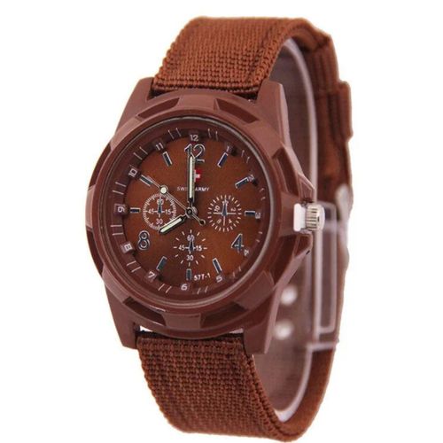 Montre Gemius Armée Sport Bracelet Militaire Armée Suisse Tissu Marron Cadran Fond Marron Brillant Avec Petits Cadrans Décoratifs