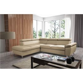 - Canapé D'angle Convertible En Cuir Italien De Luxe 5 Places Lutecia Avec Coffre, Beige, Angle Gauche