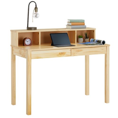 Bureau Lennox Avec Rangement 2 Tiroirs Et 3 Niches, En Pin Massif Recouvert D'un Vernis Naturel